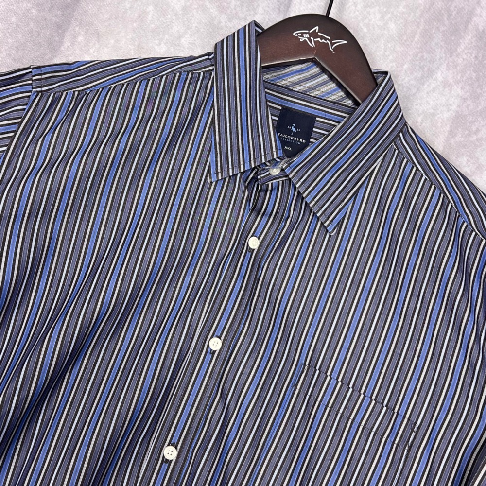 Tailorbyrd Men's XXL Shirt 100% Cotton Button‎ Down Blue Black Striped Flip Cuff